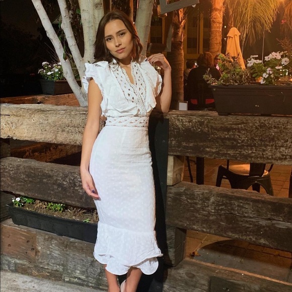 knee length dresses for ladies Jackie Wide Ruffle Hem Pinafore Midi Dress White main image 1